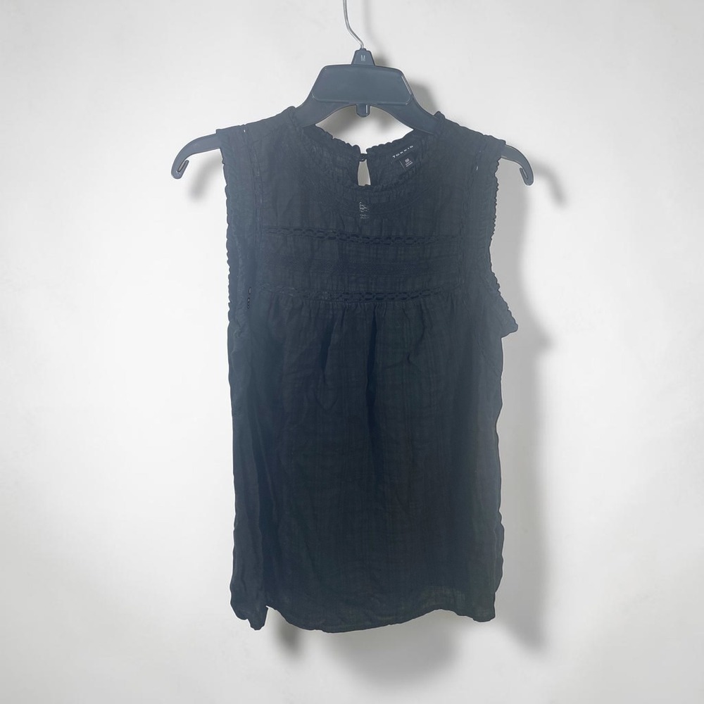 Torrid Black Gauze Sleeveless Blouse Lace Trim Ruffle Neck Keyhole Back Size 00
